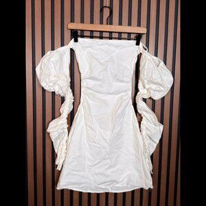 Sabo Luxe Dress Medium White Cotton Linen Back Tie Ruched Sleeve Open Back